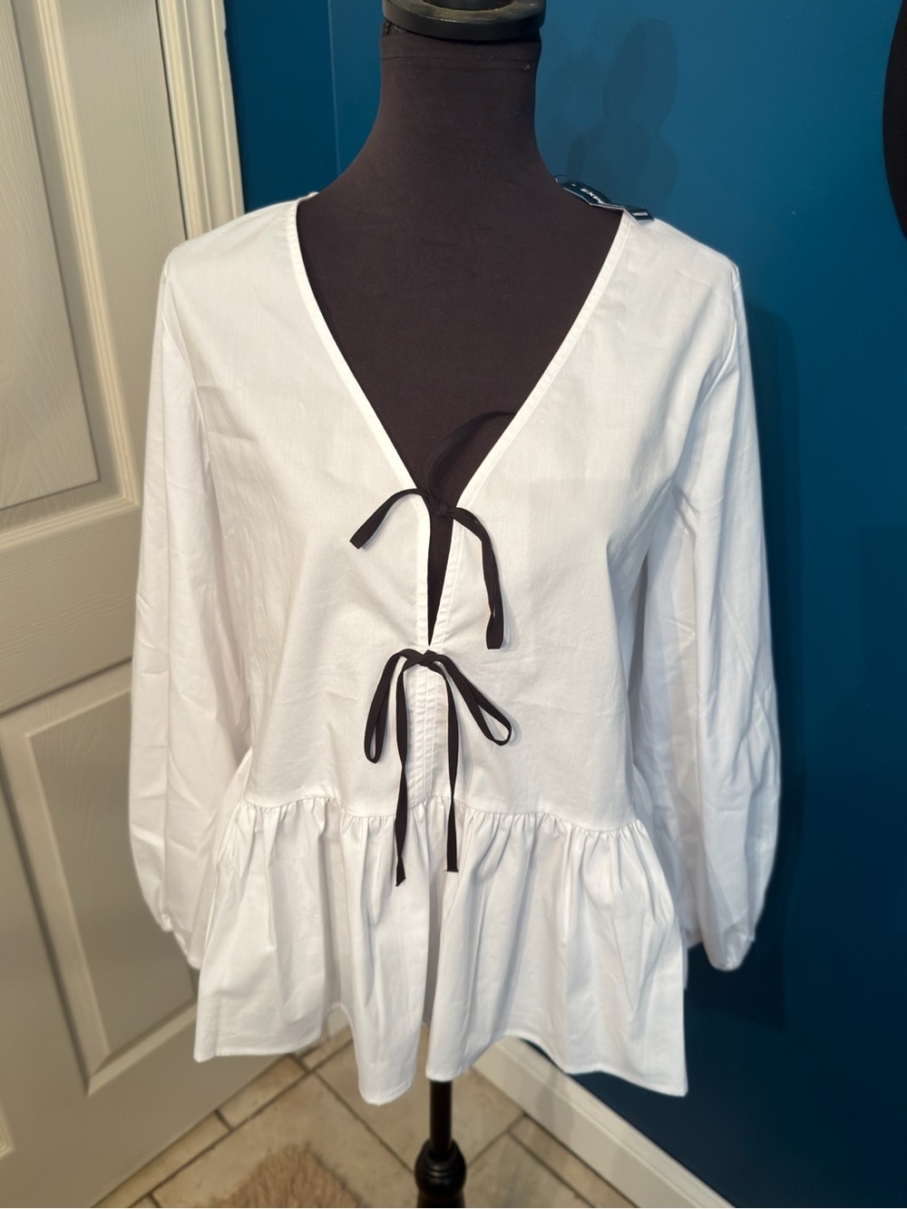 Express White Peplum Blouse with Black Tie Accents